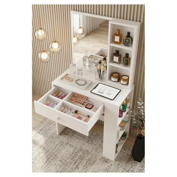 Robin Home Hollywood Makyaj Masası Çekmeceli Düzenleyici Raflı Beyaz - Görsel 9