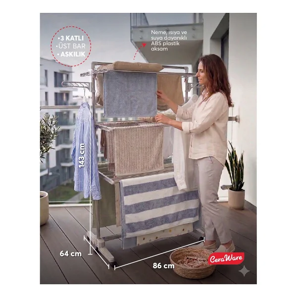 Ceraware Home S3 Premium 3 Katlı Çamaşırlık Made İn Korea Tam Katlanır Tekerlekli Çamaşır Kurutmalık - Görsel 3
