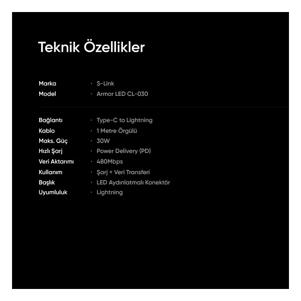 S-Link Armor Cl-030 1 M Type-C To Lightning Hızlı Şarj Kablosu - Görsel 3