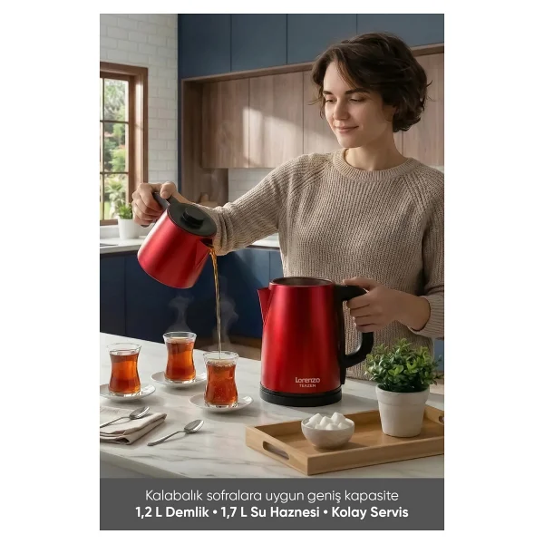 Lorenzo Teazen 2in1 LRZ-1023 Kırmızı Çelik Çay Makinesi - Görsel 2