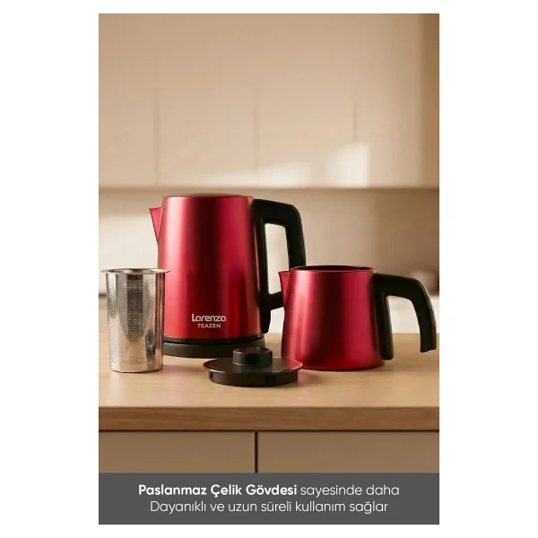 Lorenzo Teazen 2in1 LRZ-1023 Kırmızı Çelik Çay Makinesi - Görsel 5