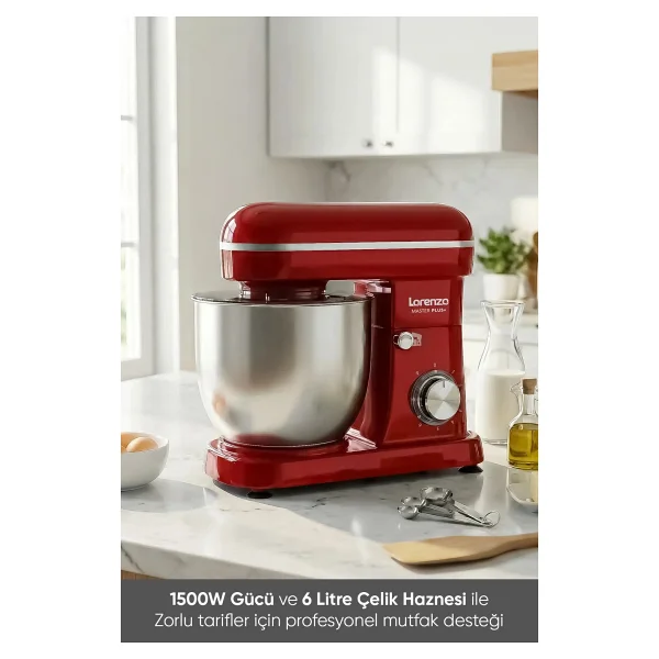 Lorenzo Masterplus 1500 W Kırmızı 6 lt Stand Mikser - Görsel 3