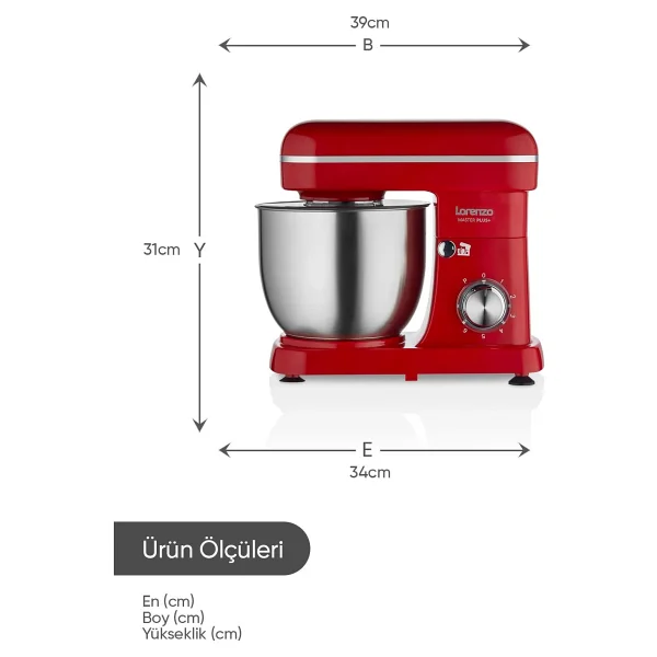 Lorenzo Masterplus 1500 W Kırmızı 6 lt Stand Mikser - Görsel 7