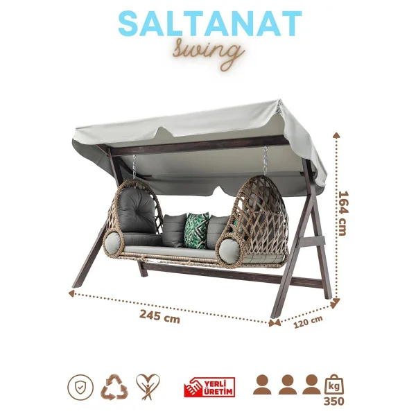 Hier Swing Saltanat Ahşap Rattan Salıncak Dış Mekan Bahçe Balkon Ve Teras Salıncağı Gri - Görsel 5