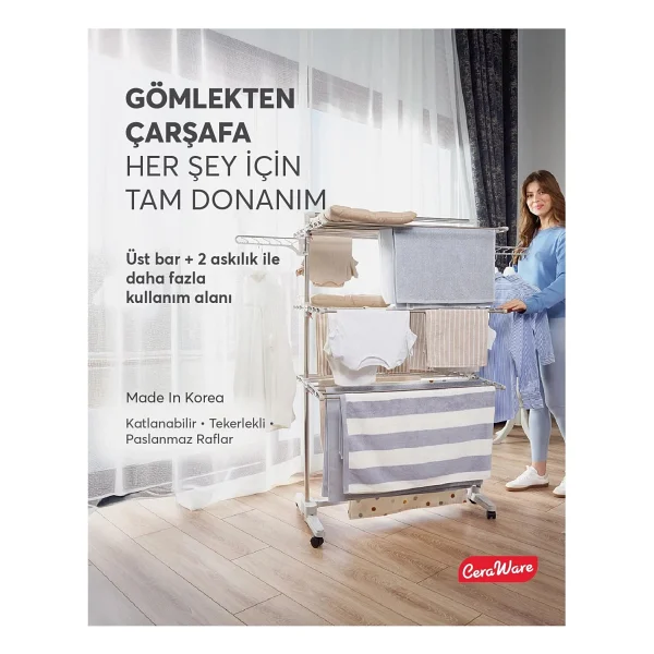 Ceraware Home S3 Premium 3 Katlı Çamaşırlık Made İn Korea Tam Katlanır Tekerlekli Çamaşır Kurutmalık - Görsel 8