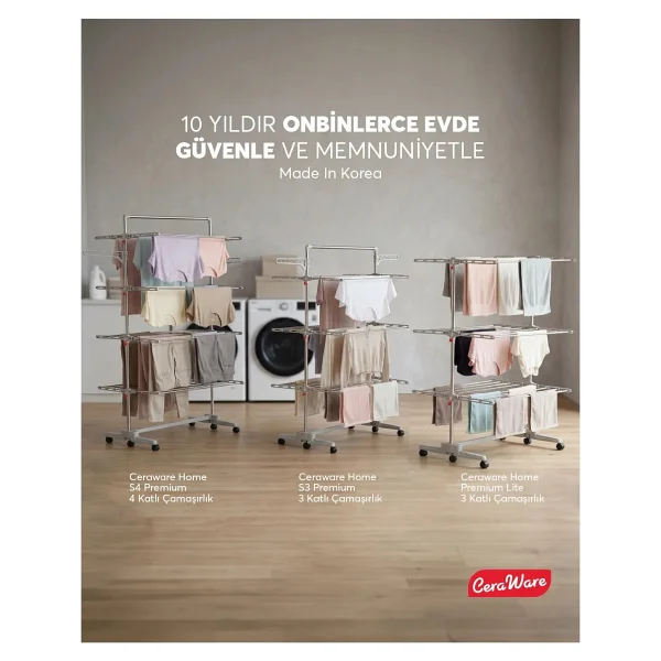 Ceraware Home S3 Premium 3 Katlı Çamaşırlık Made İn Korea Tam Katlanır Tekerlekli Çamaşır Kurutmalık - Görsel 7