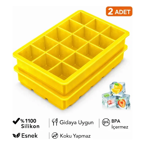 Evolis Kitchen 2adet 15 Bölmeli Büyük Boy Silikon Buz Kalıb-Kare Buzluk Kokteyl Sunum Buz Kalıbı Et Suyu Saklama - Sarı - Görsel 6