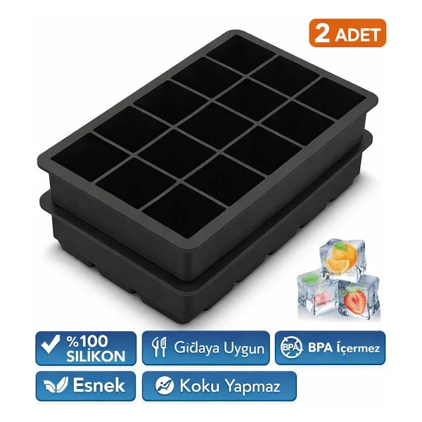 Evolis Kitchen 2adet 15 Bölmeli Büyük Boy Silikon Buz Kalıb-Kare Buzluk Kokteyl Sunum Buz Kalıbı Et Suyu Saklama - Görsel 6
