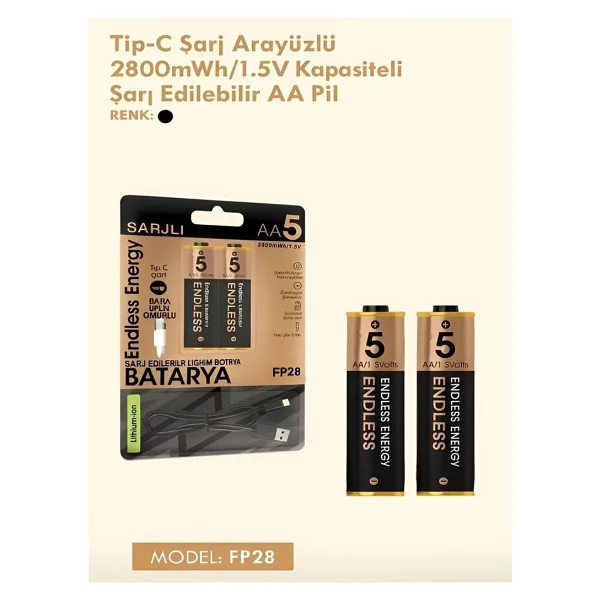 Type-C Şarjlı 2800mwh 1.5v Şarj Edilebilir 2'li Aa5 Kalın Pil - Lityum Iyon Batarya - Görsel 5
