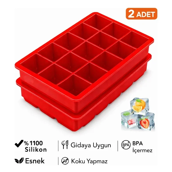 Evolis Kitchen 2adet 15 Bölmeli Büyük Boy Silikon Buz Kalıb-Kare Buzluk Kokteyl Sunum Buz Kalıbı Et Suyu Saklama - Kırmızı - Görsel 5