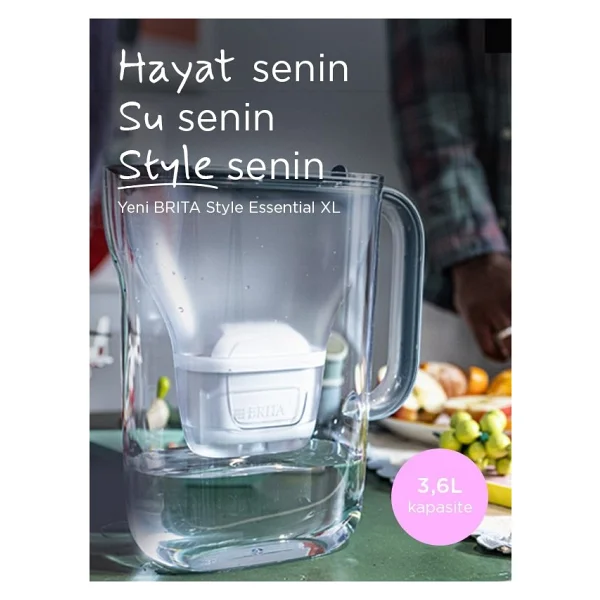 Brita Style Essential XL Taş Mavisi 3.6 Lt Pure Performance Filtreli Su Arıtma Sürahisi - Görsel 2