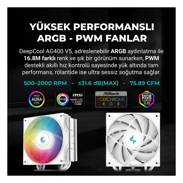 Deep Cool Deepcool AG400 V5 Arbg Işlemci Soğutucu White, Amd ve Intel Uyumlu, 120MM Kule Tipi Hava Soğutma, 12 cm Hava Soğutucu, Tdp 220W, Beyaz - Görsel 8