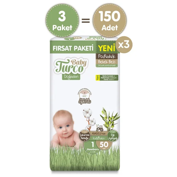 Baby Turco Doğadan Pofuduk 1 Numara Yenidoğan 50'li 3 Adet Bebek Bezi - Görsel 2