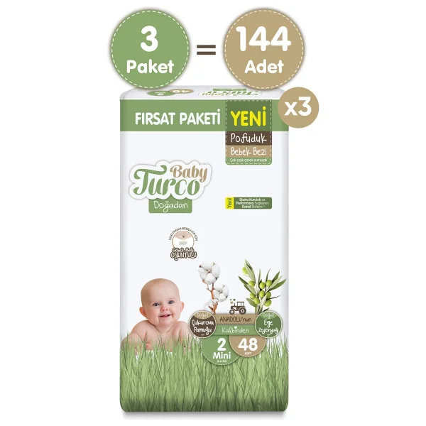 Baby Turco Doğadan Pofuduk 2 Numara Mini 48'li 3 Adet Bebek Bezi - Görsel 2