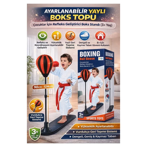 Ayarlanabilir Yaylı Boks Topu Çocuklar İçin Refleks Geliştirici Boks Standı 3+ Yaş - Görsel 3