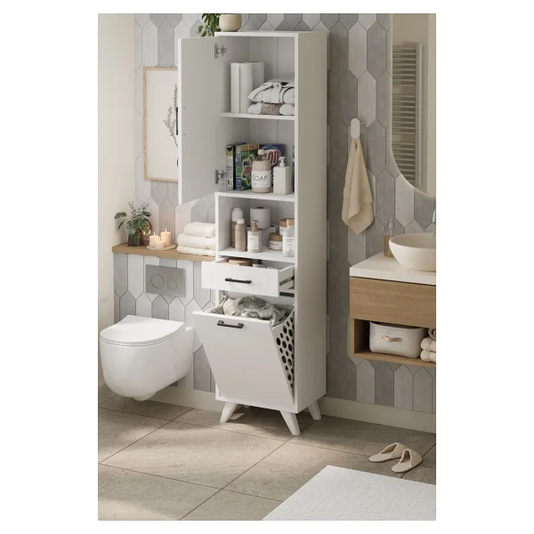 Bofigo Çok Amaçlı Dolap Banyo Dolabı Kirli Çamaşır Sepeti Dolabı Şelale Beyaz - Görsel 3