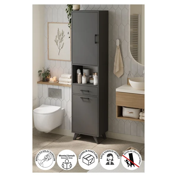 Bofigo Çok Amaçlı Dolap Banyo Dolabı Kirli Çamaşır Sepeti Dolabı Şelale Antrasit - Görsel 9