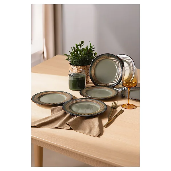 Keramika Reaktif Yeşil Line Pasta Tabağı 21 Cm 6 Adet Q84 - Görsel 2