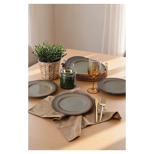 Keramika Reaktif Yeşil Line Pasta Tabağı 21 Cm 6 Adet Q84 - Görsel 3