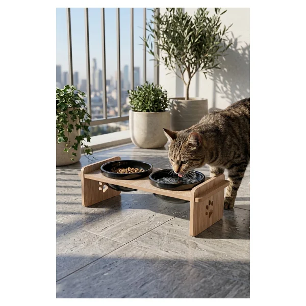 Gobypet Ahşap Standlı Seramik Kaseli Kedi-Köpek Mama Ve Su Kabı - Beyaz - Görsel 9