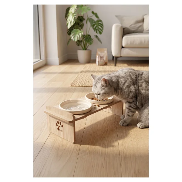 Gobypet Ahşap Standlı Seramik Kaseli Kedi-Köpek Mama Ve Su Kabı - Beyaz - Görsel 10
