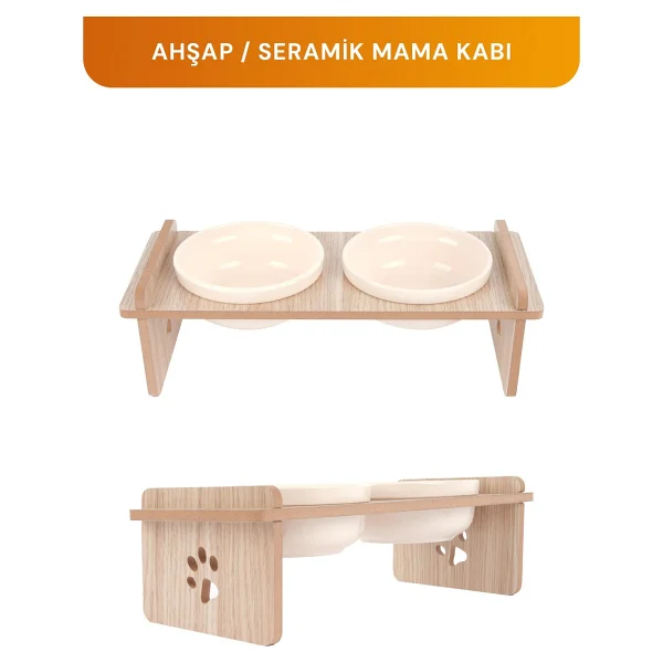 Gobypet Ahşap Standlı Seramik Kaseli Kedi-Köpek Mama Ve Su Kabı - Beyaz - Görsel 3