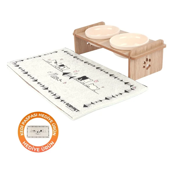 Gobypet Ahşap Standlı Seramik Kaseli Kedi-Köpek Mama Ve Su Kabı - Beyaz - Görsel 5
