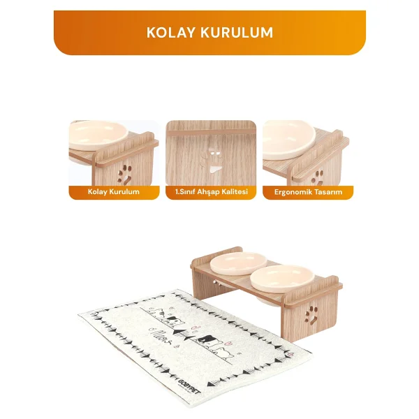 Gobypet Ahşap Standlı Seramik Kaseli Kedi-Köpek Mama Ve Su Kabı - Beyaz - Görsel 7