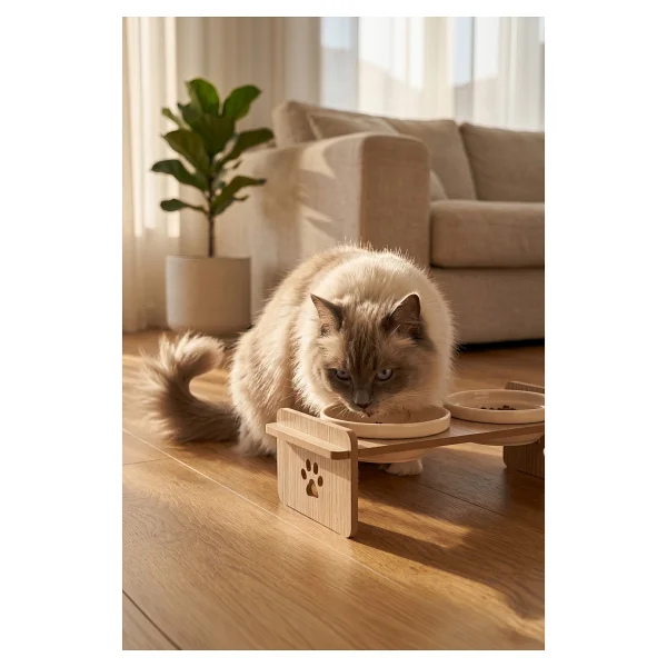 Gobypet Ahşap Standlı Seramik Kaseli Kedi-Köpek Mama Ve Su Kabı - Beyaz - Görsel 8