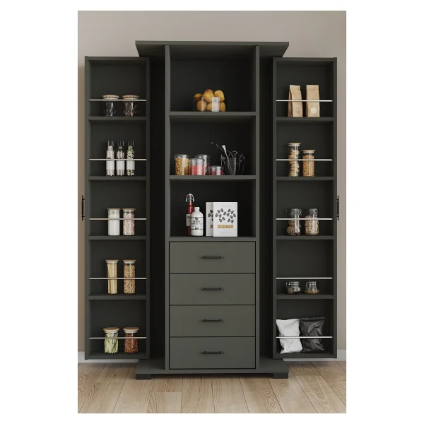 Aeka Ae-2204 Avrasya Çok Amaçlı 2 Kapaklı Raflı Çekmeceli Kiler Mutfak Dolabı Modern Tasarım 170x138x77,5 Antrasit/Gri - Görsel 5