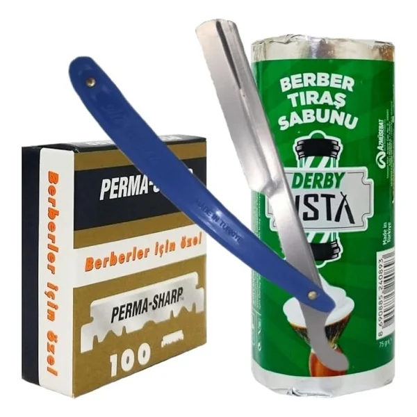 Berber Jileti 100'lü Paket, Derby Usta 75g Tıraş Sabunu, Ali Bıyıklı Ustura Seti - Görsel 2