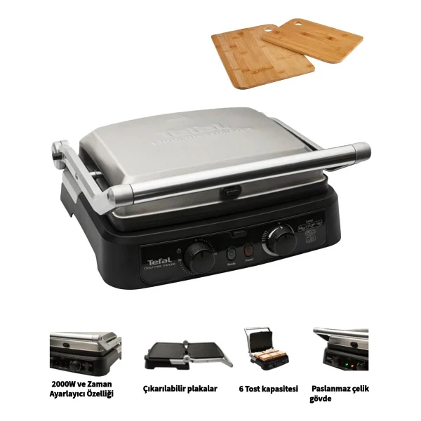 Tefal Grill Gourmet Minute Tost Makinesi Ve Izgara 2000 Watt Inox Paslanmaz Çelik 6 Dilim Kapasiteli + Hediye Doğal Ahşap Kesme Tahtası Seti - Görsel 9