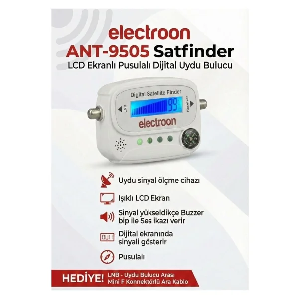 Electroon Ant-9505 Satfinder Lcd Ekranlı Pusulalı Dijital + Ara Kablolu Uydu Bulucu Beyaz - Görsel 2