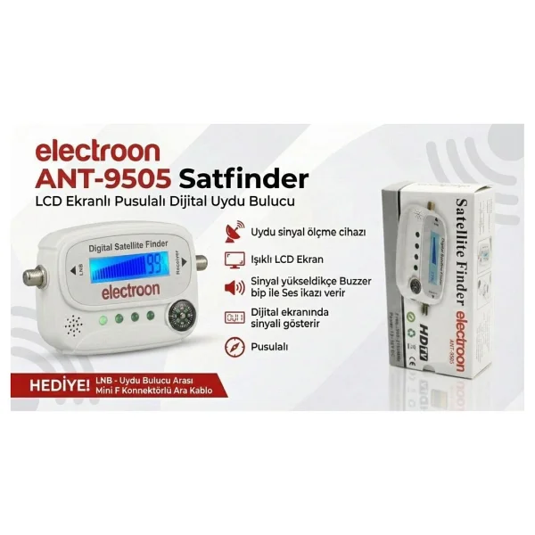 Electroon Ant-9505 Satfinder Lcd Ekranlı Pusulalı Dijital + Ara Kablolu Uydu Bulucu Beyaz - Görsel 4