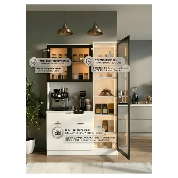 Misterium Dream Premium Kahve Istasyonu - Kahve Köşesi Ve Mutfak Ünitesi - Beyaz Füme Temperli Camlı LED Modül - Görsel 9
