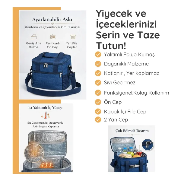 Kale Termos Termal Çanta 11 Lt - Buzluk Çanta, Soğuk Tutan, Çift Saplı (El & Omuz), File Kapaklı - Koyu Mavi - Görsel 2