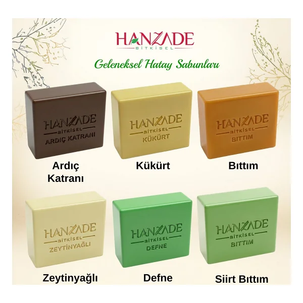 Hanzade Bitkisel El Yapımı Defne, Bıttım, Zeytinyağlı, Kükürt, Ardıç Katranı, Siirt Bıttım Sabunu Karışık 6 Kalıp - Görsel 6
