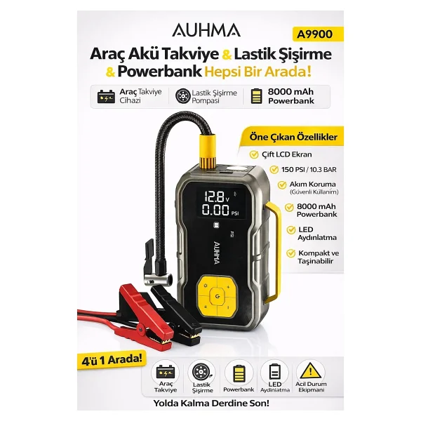 Auhma A9900 4'ü 1 Arada Akü Takviyeli Şarjlı Hava Pompası 8.000 mAh Powerbank & Dijital Fener - Görsel 5