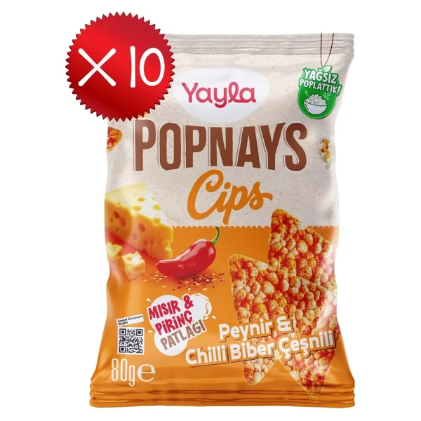 Yayla Popnays Cips Peynir Ve Chilli Biber Çeşnili Mısır Ve Pirinç Patlağı 80 G X10 - Görsel 3