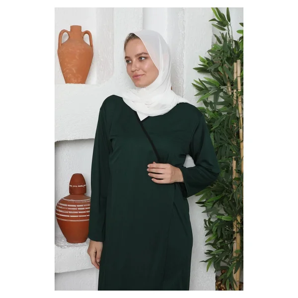 Defka Yandan Bağlamalı Kruvaze Düz Renk Kadın Namaz Elbisesi Sabahlık - Yeşil - Görsel 3