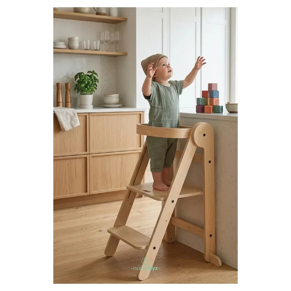 Mamatoyz Fold Natural Katlanır Öğrenme Kulesi - Katlanabilir Mutfak Yardımcısı - Portatif Öğrenme Kulesi Natural Ahşap Rengi - Görsel 10