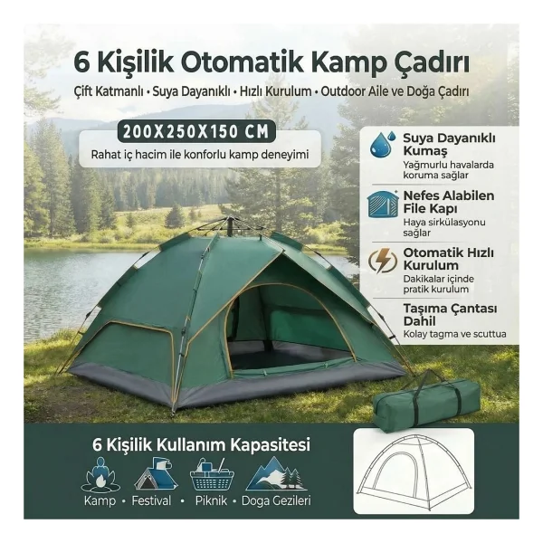 6 Kişilik Otomatik Kamp Çadırı - Çift Katmanlı, Suya Dayanıklı, Hızlı Kurulum Aile Doğa Çadırı 200x250x150 Cm - Görsel 3