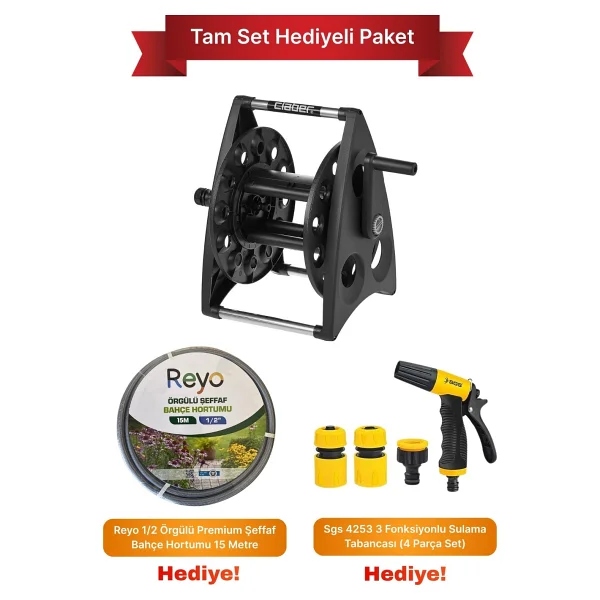 Claber 8921 40m Hortum Makarası + 15m Bahçe Hortumu + 3 Fonksiyonlu Sulama Tabancası, Tam Set - Görsel 2