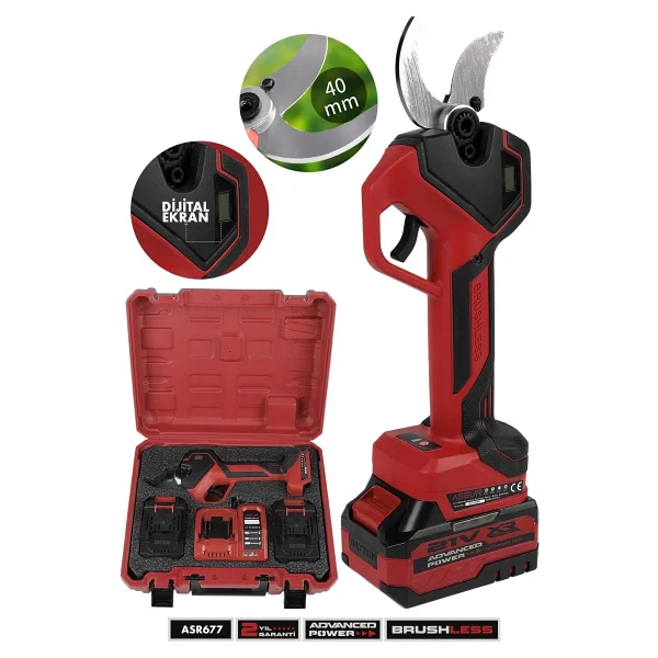 Assur 21v Çift Akülü 40 Mm Ağaç Odun Dal Kesme Makinesı Şarjlı Dijital Budama Makası Mavi - Görsel 4