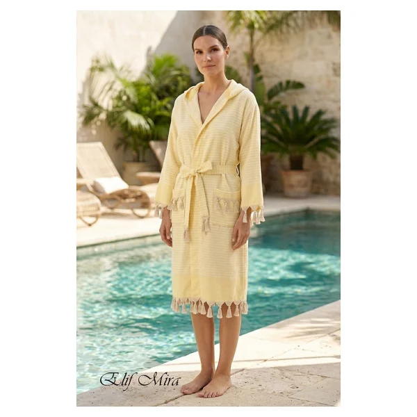 Elif Mira Kapşonlu Unisex Peştemal Plaj Deniz Banyo Bornozu Beachside - Sarı - Görsel 2