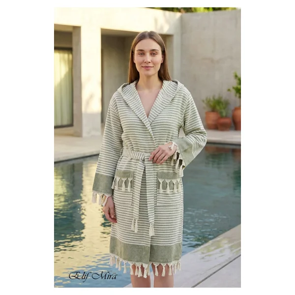 Elif Mira Kapşonlu Unisex Peştemal Plaj Deniz Banyo Bornozu Beachside - Haki - Görsel 7