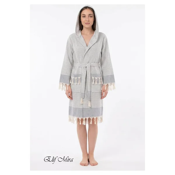 Elif Mira Kapşonlu Unisex Peştemal Plaj Deniz Banyo Bornozu Beachside - Gri - Görsel 2
