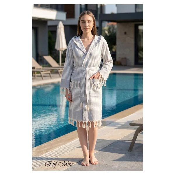 Elif Mira Kapşonlu Unisex Peştemal Plaj Deniz Banyo Bornozu Beachside - Gri - Görsel 5