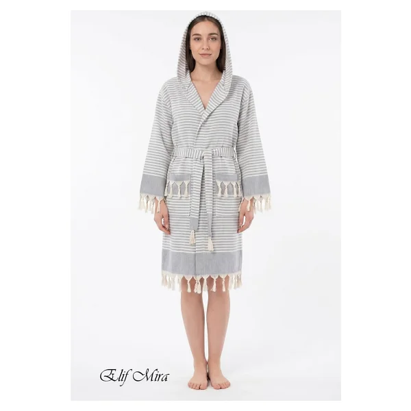 Elif Mira Kapşonlu Unisex Peştemal Plaj Deniz Banyo Bornozu Beachside - Gri - Görsel 7