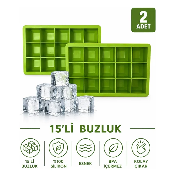 Evolis Kitchen 2 Adet 15 Bölmeli Büyük Boy Silikon Buz Kalıb-Kare Buzluk Kokteyl Sunum Buz Kalıbı Et Suyu Saklama - Yeşil - Görsel 6